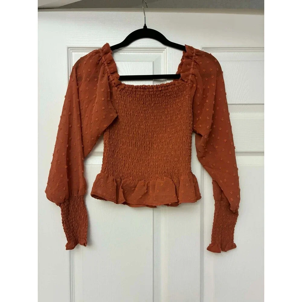 O+A Los Angeles Smocked Crop Top XS‎ Rust Puff Sleeve Peplum Blouse